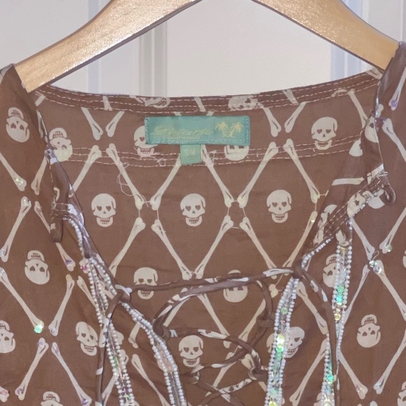 LeTarte Longsleeve Keyhole BOHO Skull Swim Coverup Brown White Patterned Tunic S - Picture 6 of 9